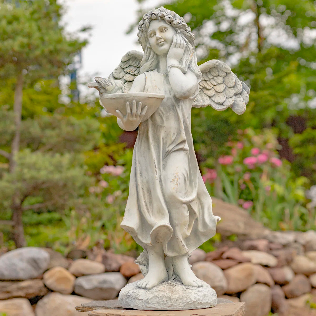 Angel with Birdbath Magnesium Garden Statue