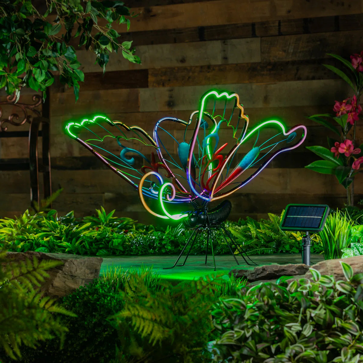 28"H Solar Neon Butterfly Garden Statue
