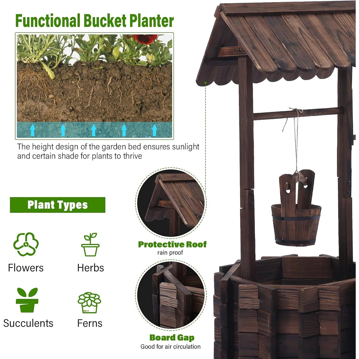 Wooden Wishing Well with Adjustable Hanging Bucket, Rustic Flower Planter Garden