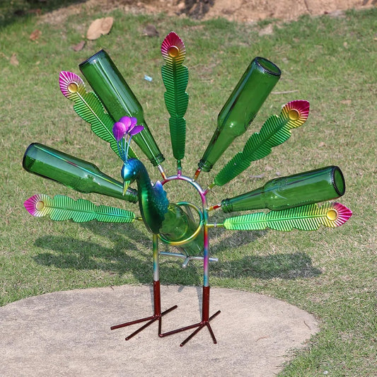 Outdoor Bottle Tree With Peacock Metal Stake For Outdoor Colorful Garden Decorative