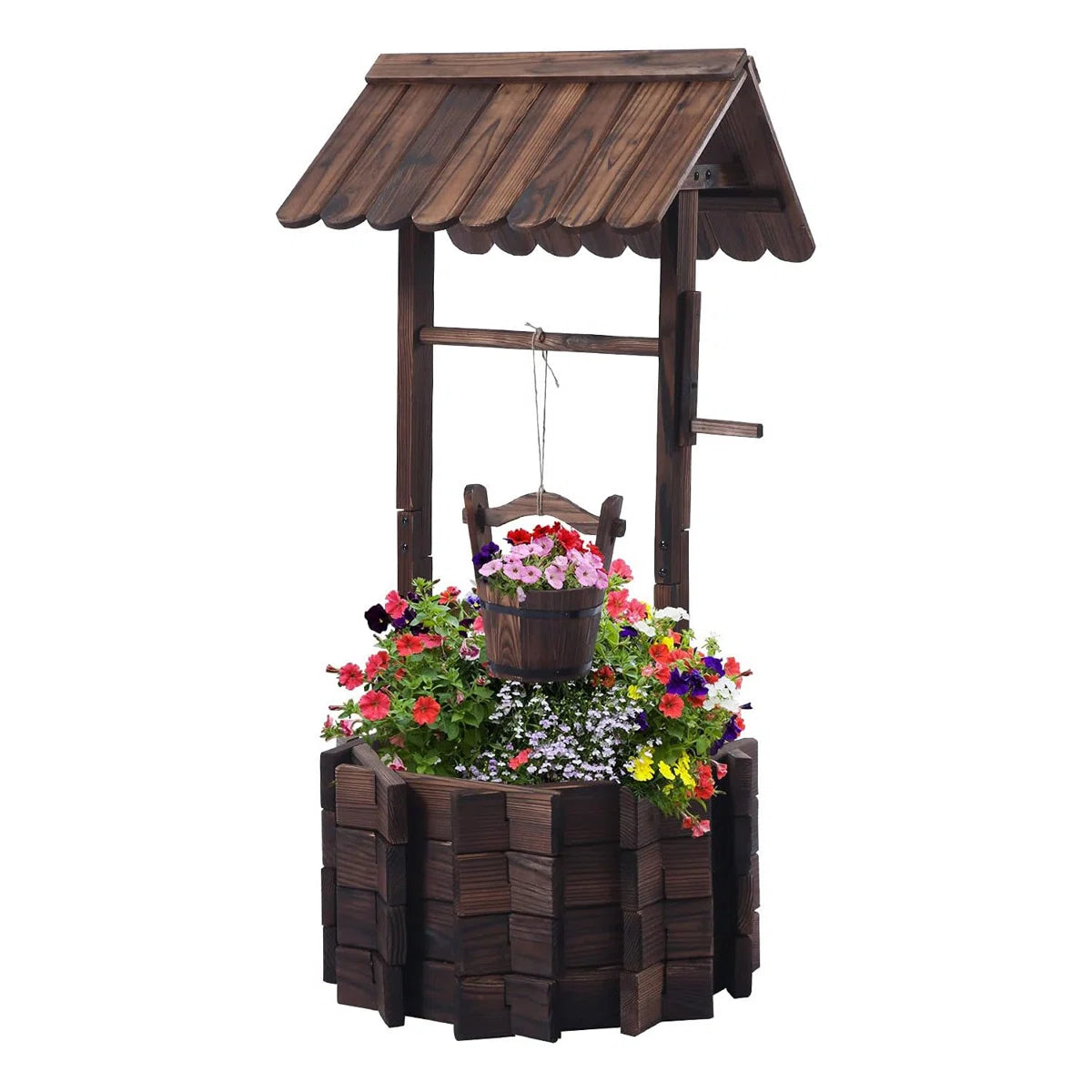 Wooden Wishing Well with Adjustable Hanging Bucket, Rustic Flower Planter Garden