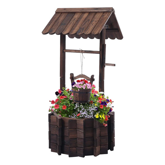 Wooden Wishing Well with Adjustable Hanging Bucket, Rustic Flower Planter Garden