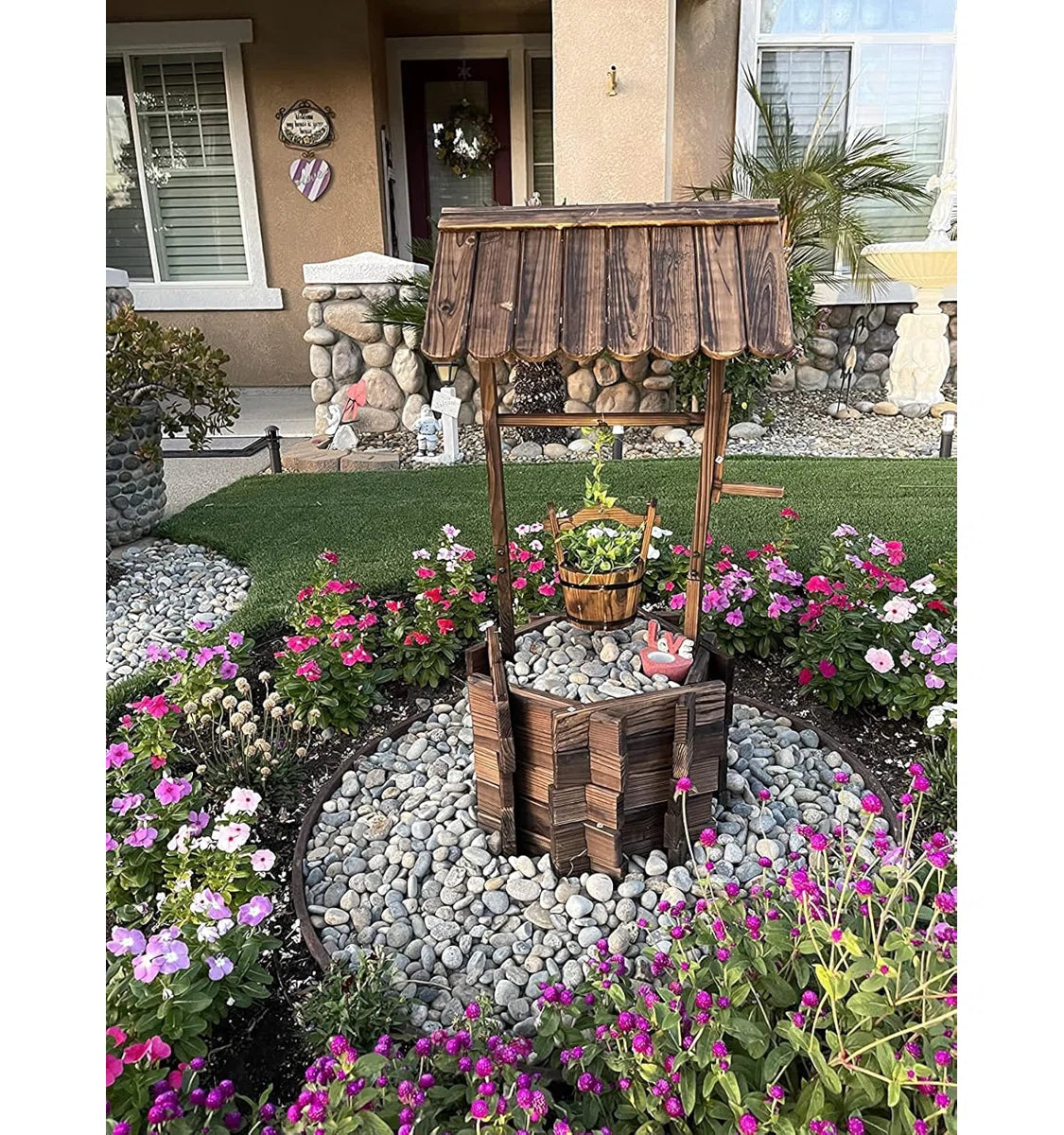 Wooden Wishing Well with Adjustable Hanging Bucket, Rustic Flower Planter Garden