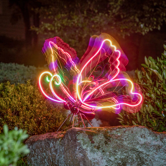 28"H Solar Neon Butterfly Garden Statue