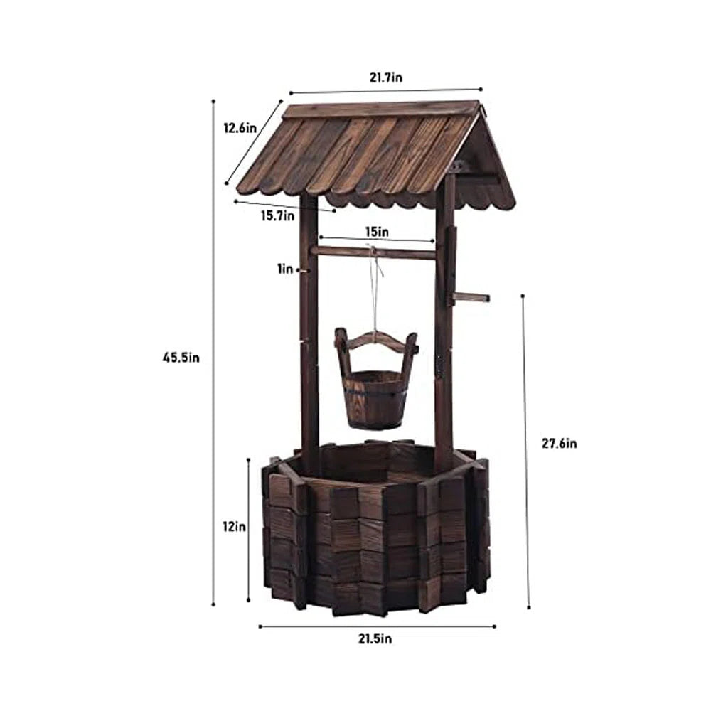 Wooden Wishing Well with Adjustable Hanging Bucket, Rustic Flower Planter Garden