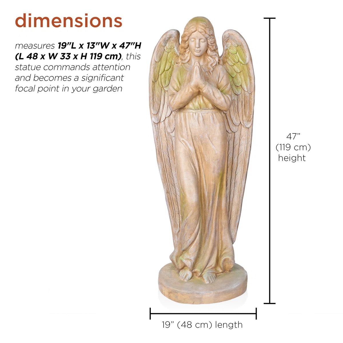 47"H Old World Praying Angel Statue with Mossy Finish for Garden & Lawn